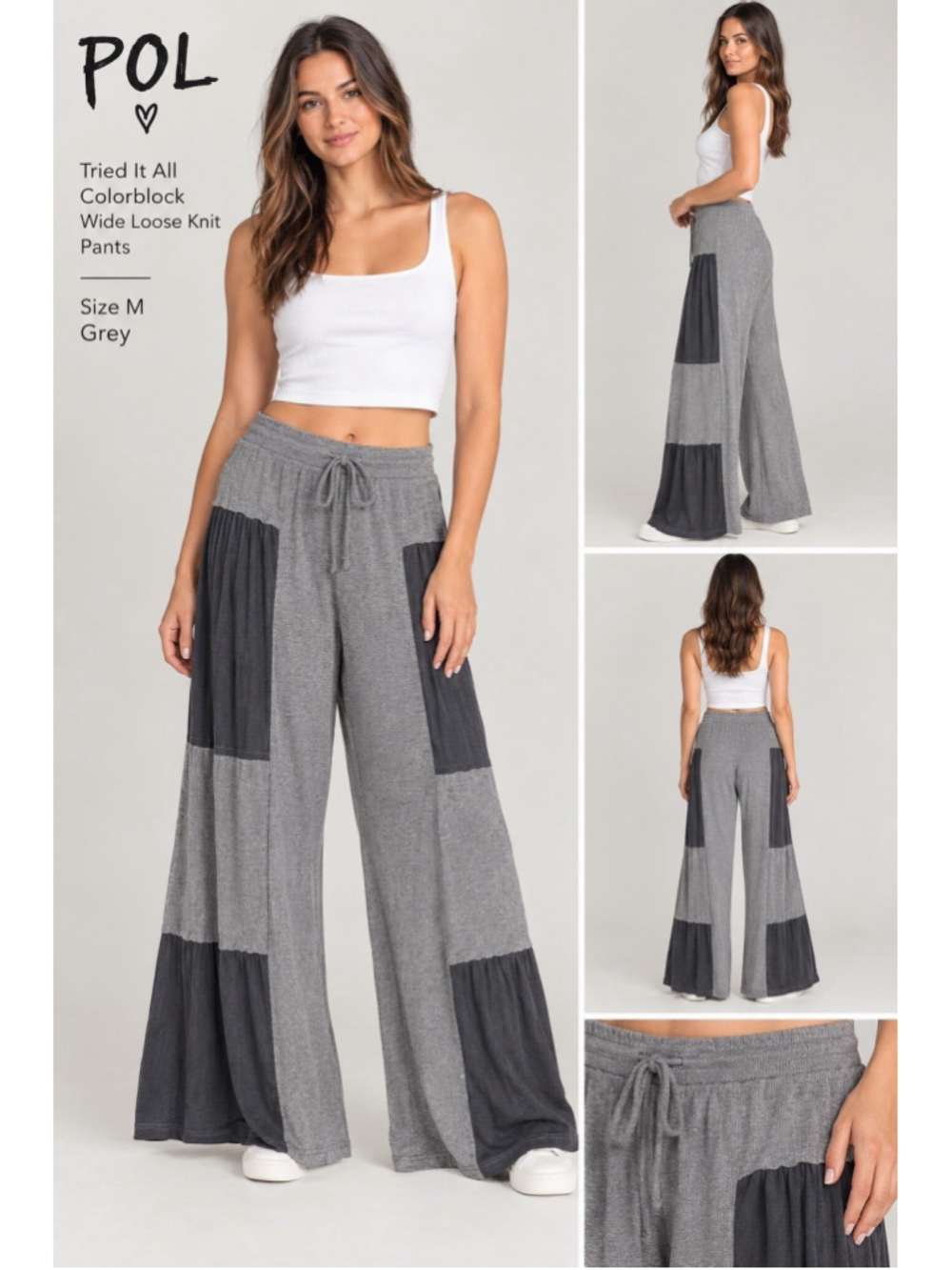POL Tried It All Colorblock Wide Loose Knit Pants, gray, size M